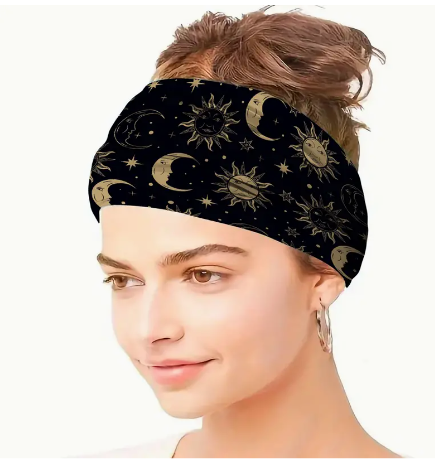 Headband Stars Moon Wide Knotted Headband NonSlip Wraps Elastic Yoga Black