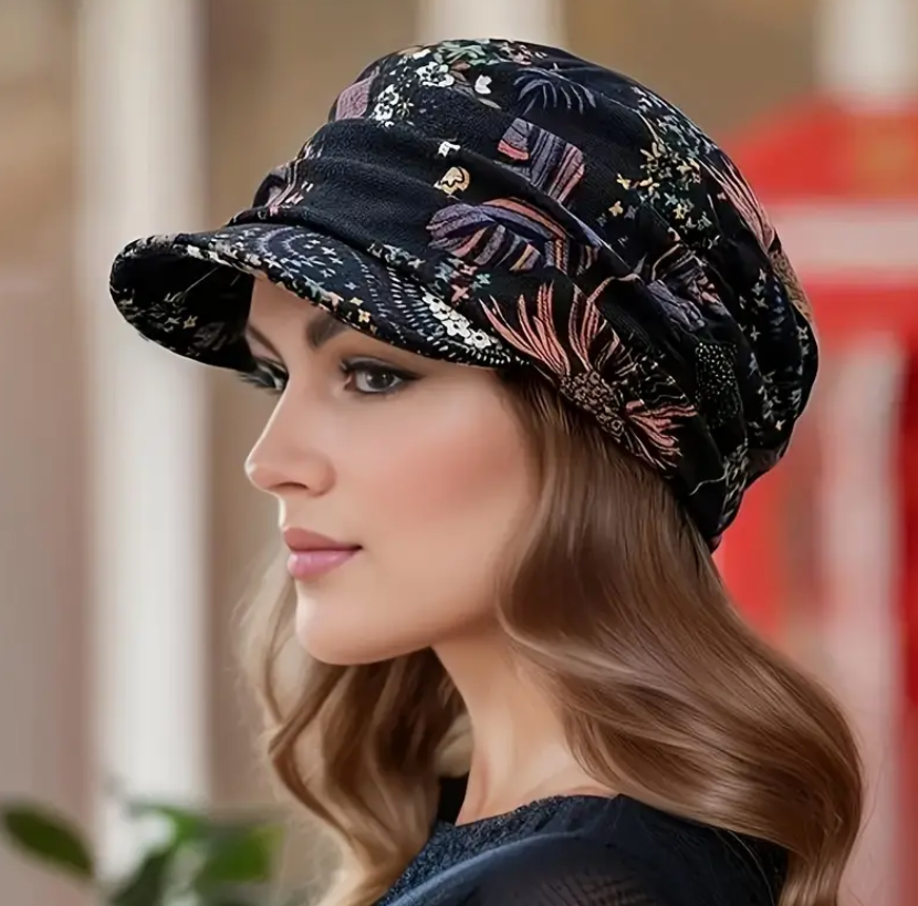 Trendy Vintage Black Flower Printed Women's Cap Hat Newsboy