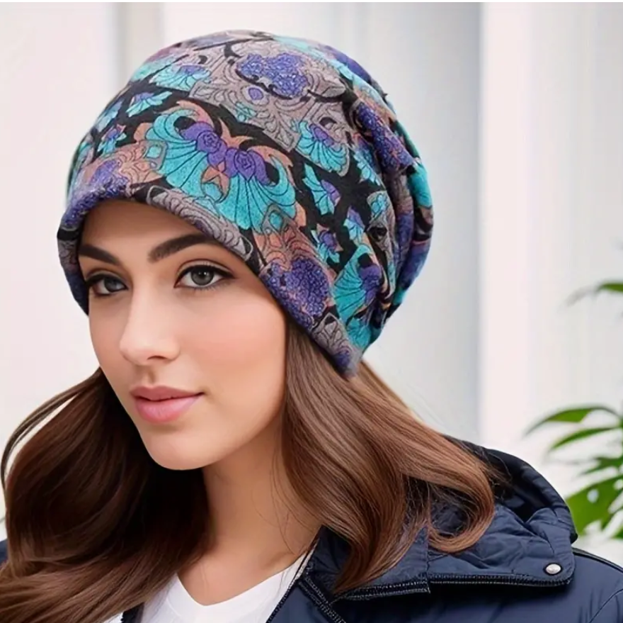 Women Purple Floral Lightweight Beanie Chemo Hat Soft Thin Cap Ski Hat