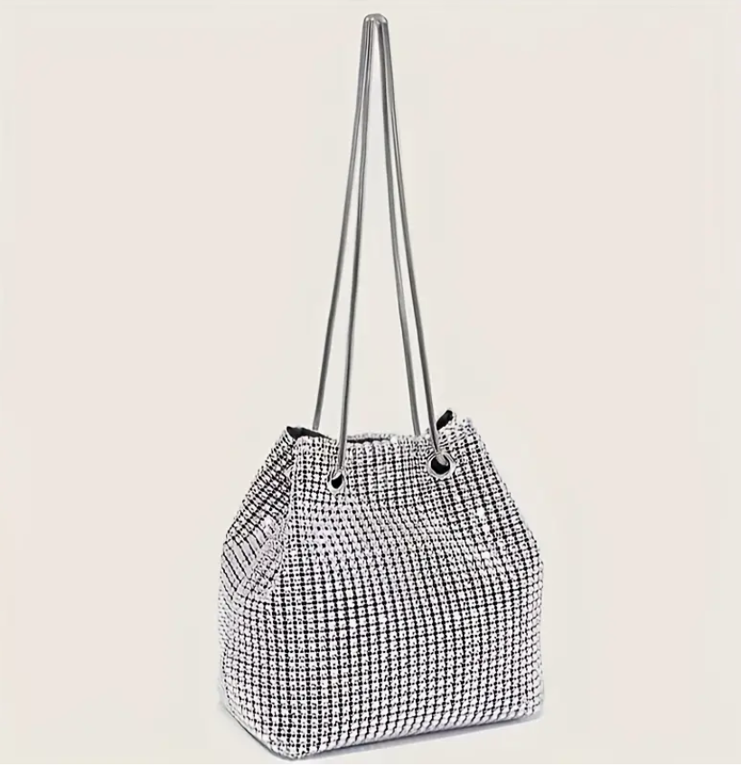 Women Rhinestone Silver Lightweight Evening Party Wedding Crossbody Bucket Bag