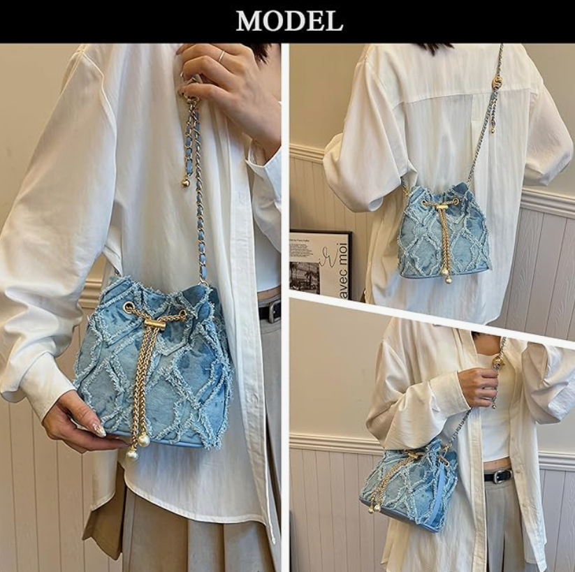 Mini Vintage Denim Hobo Bucket Bag, Retro fringe Crossbody Grunge Shoulder Purse
