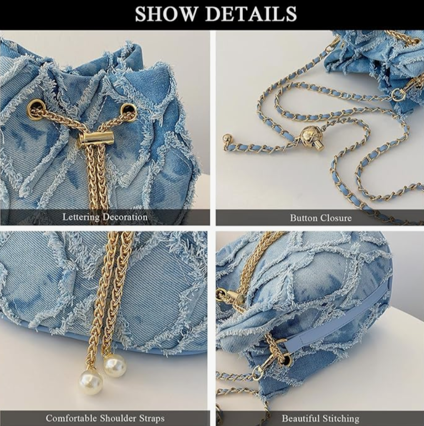 Mini Vintage Denim Hobo Bucket Bag, Retro fringe Crossbody Grunge Shoulder Purse