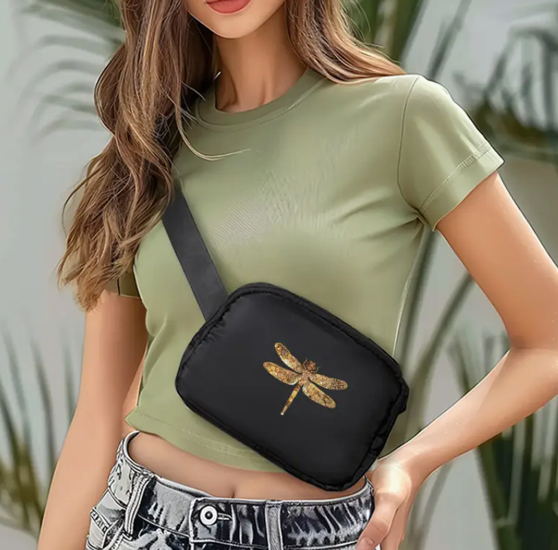 Boho Black w/golden Dragonfly Small Crossbody Fanny Pack Sling Hand Bag Women