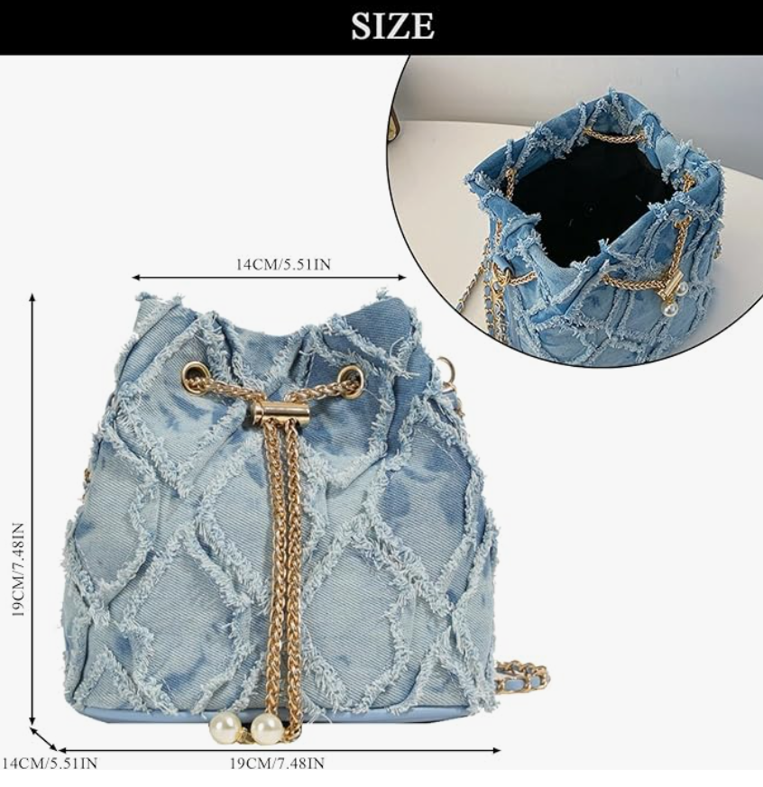 Mini Vintage Denim Hobo Bucket Bag, Retro fringe Crossbody Grunge Shoulder Purse
