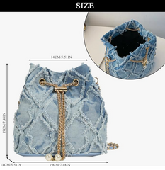 Mini Vintage Denim Hobo Bucket Bag, Retro fringe Crossbody Grunge Shoulder Purse