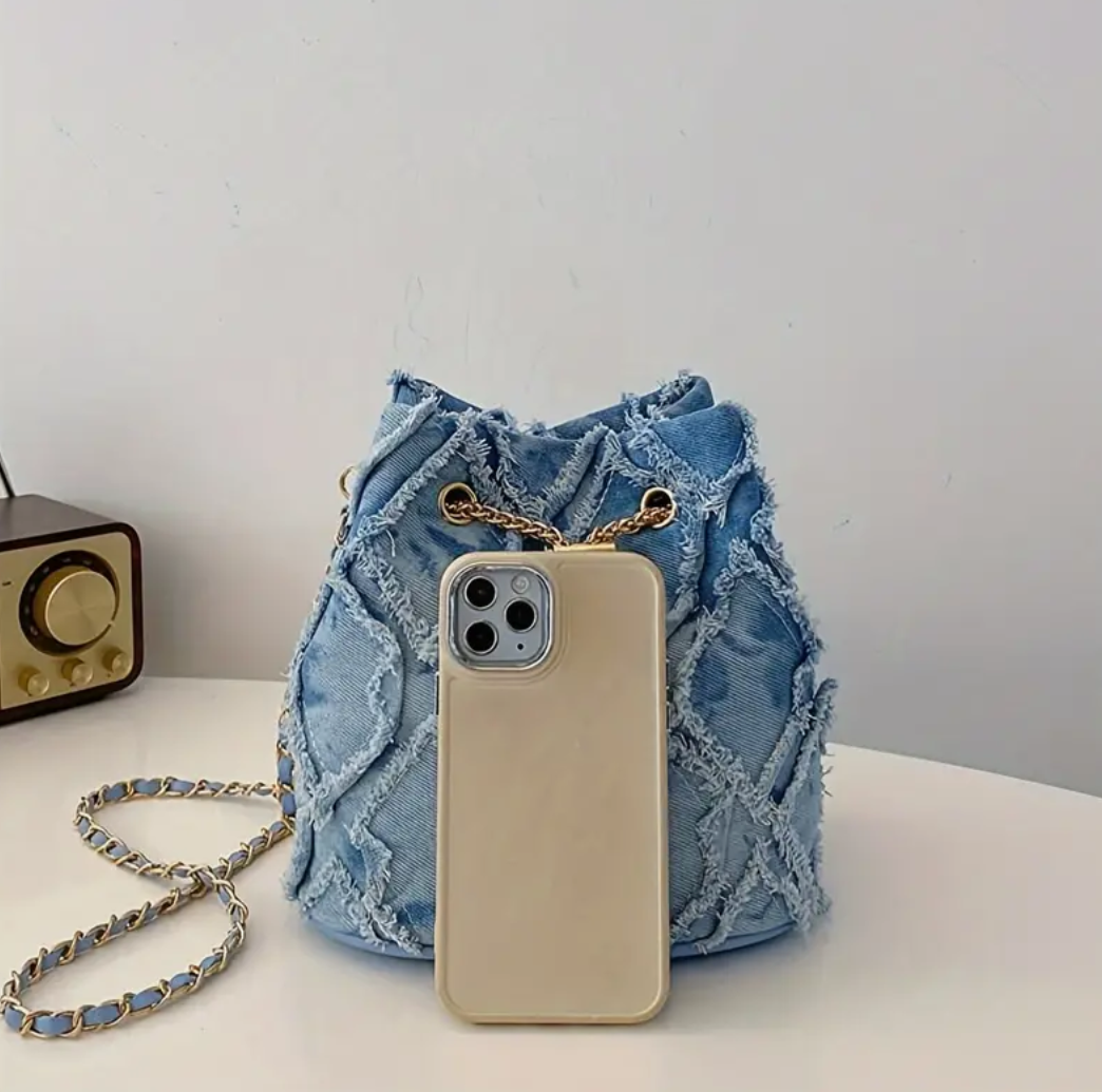 Mini Vintage Denim Hobo Bucket Bag, Retro fringe Crossbody Grunge Shoulder Purse