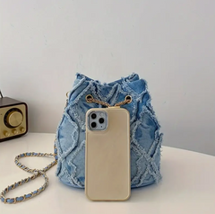 Mini Vintage Denim Hobo Bucket Bag, Retro fringe Crossbody Grunge Shoulder Purse