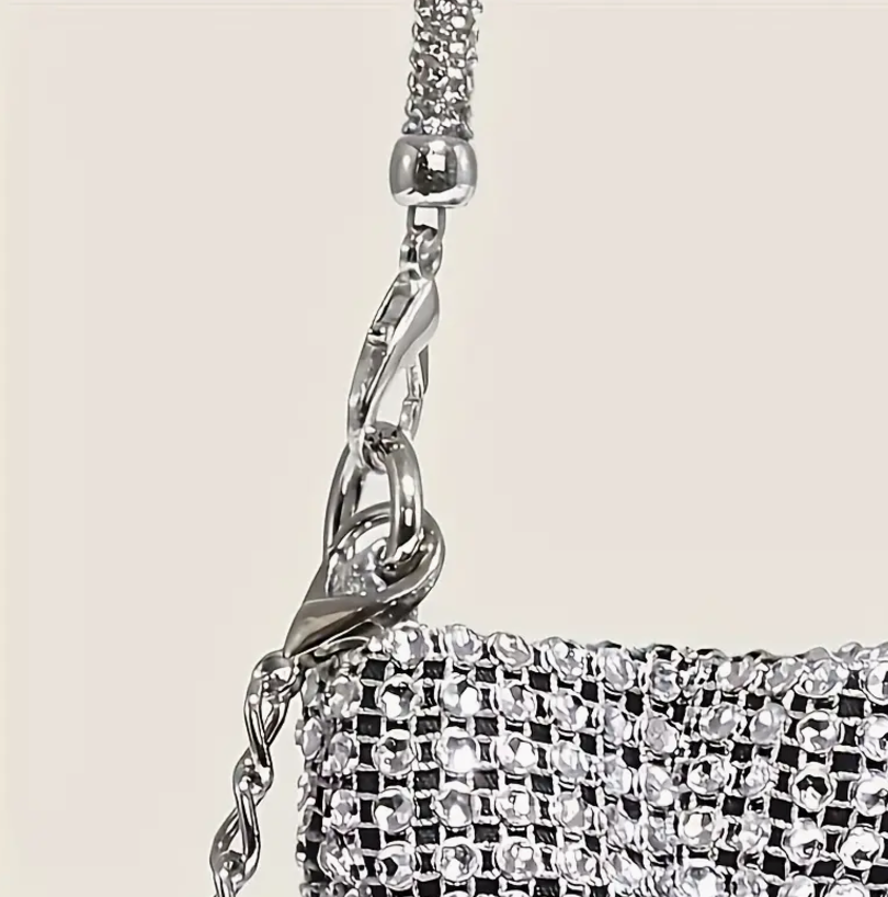 Rhinestone Purse Clutch Crossbody Bag, Silver Bag Bucket Strap Wedding Holidays