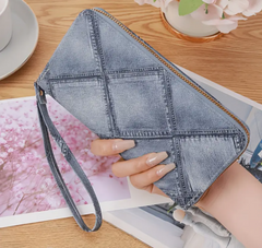 Denim Look Wallet Wristlet PU Leather Multi-card Slot Cell Phone Holder