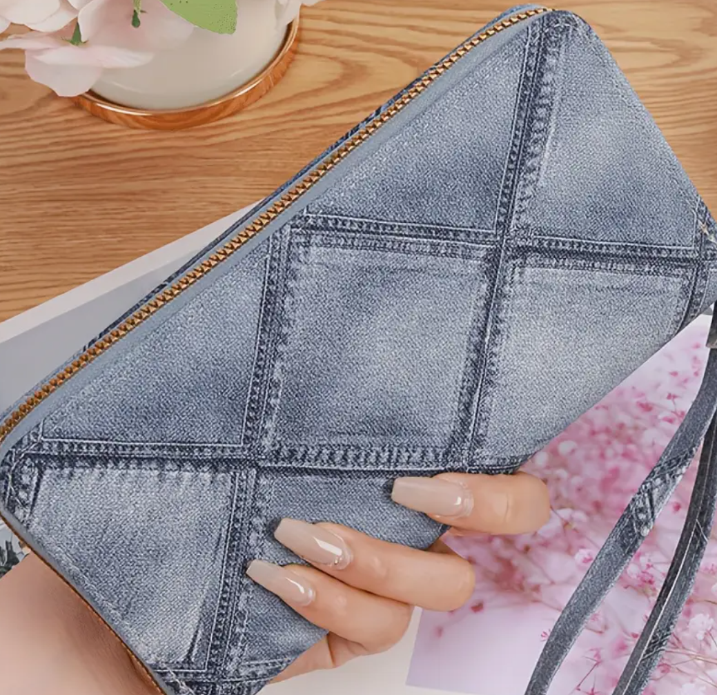 Denim Look Wallet Wristlet PU Leather Multi-card Slot Cell Phone Holder