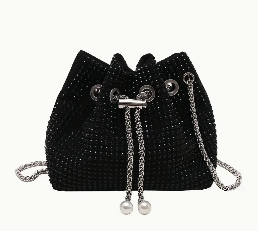 Stylish Evening BucketBagRhinestone Chain-embellished Shoulder Crossbody Handbag