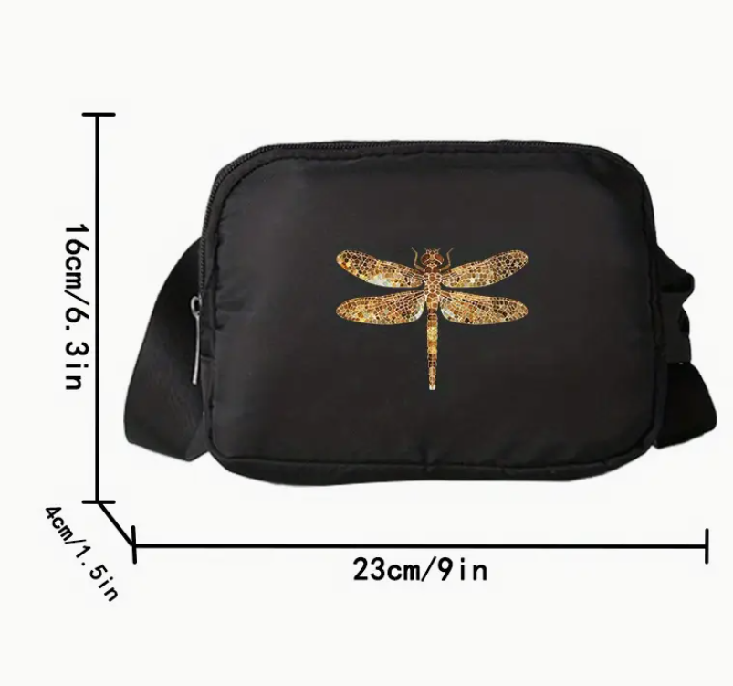 Boho Black w/golden Dragonfly Small Crossbody Fanny Pack Sling Hand Bag Women