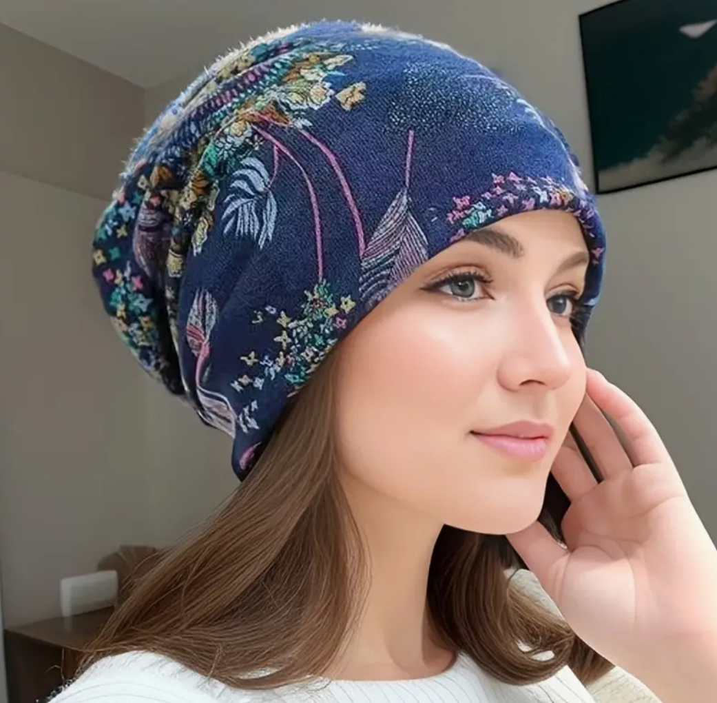 Women Navy Lightweight Beanie Chemo Floral Soft Thin Cap Ski Hat