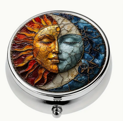 Sun And Moon Art Character Round Pill Box, 3 Compartment Mini Decorative Pocket