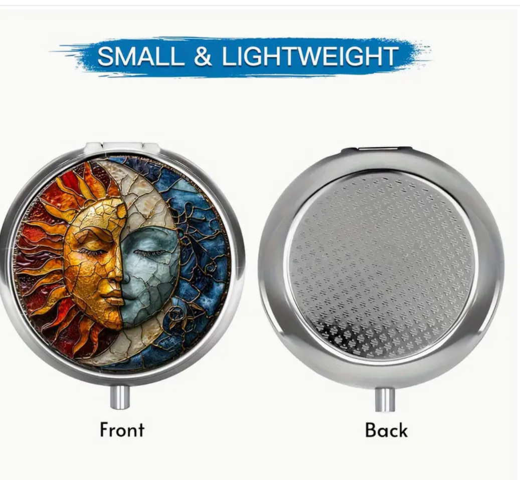 Sun And Moon Art Character Round Pill Box, 3 Compartment Mini Decorative Pocket