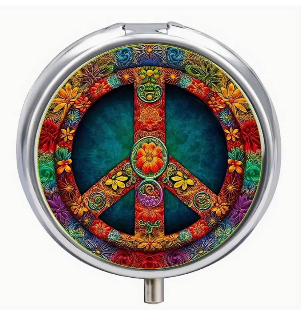 Metal Peace Sign Boho Flower Pill Box Collectible Medicine Vitamin Stash Holder