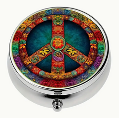 Metal Peace Sign Boho Flower Pill Box Collectible Medicine Vitamin Stash Holder