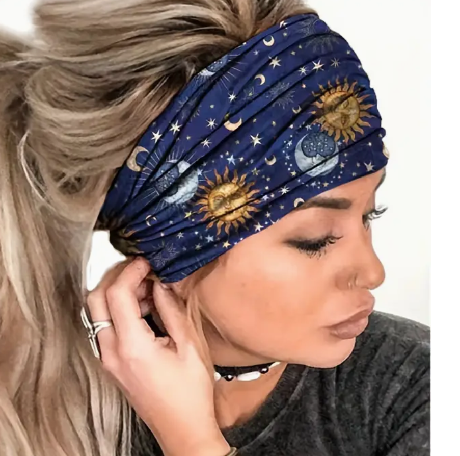 Womens Headband Stars Moon Wide Knotted Headband NonSlip Wraps Elastic Yoga Navy