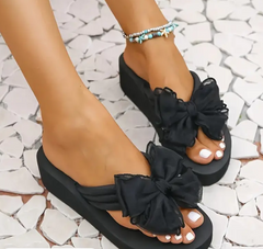 ✨ Chic Black Bowknot Wedge Sandals - Mid-Height Platform Flip Flops ✨